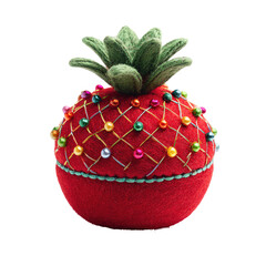 Red felt pincushion shaped like a pineapple