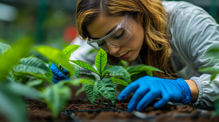 Scientist Nurturing Young Cacao Plants in Greenhouse for Research and Development, Wearing Safety Gear, Focus on Environmental Sustainability and Agricultural Innovation