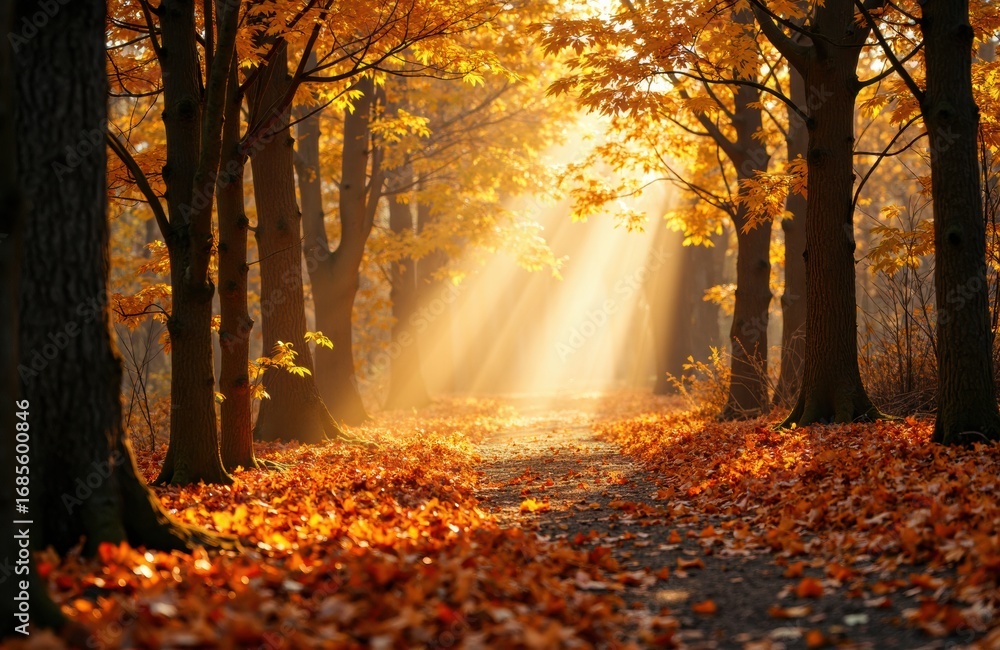 Poster sunlight filtering through autumn trees illuminating a forest path with fallen leaves