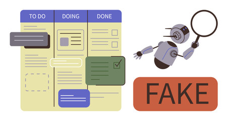 Robot examining task board with categories To Do, Doing, and Done while highlighting fake content. Ideal for AI verification, productivity, task management, automation, fact-checking, quality © robu_s