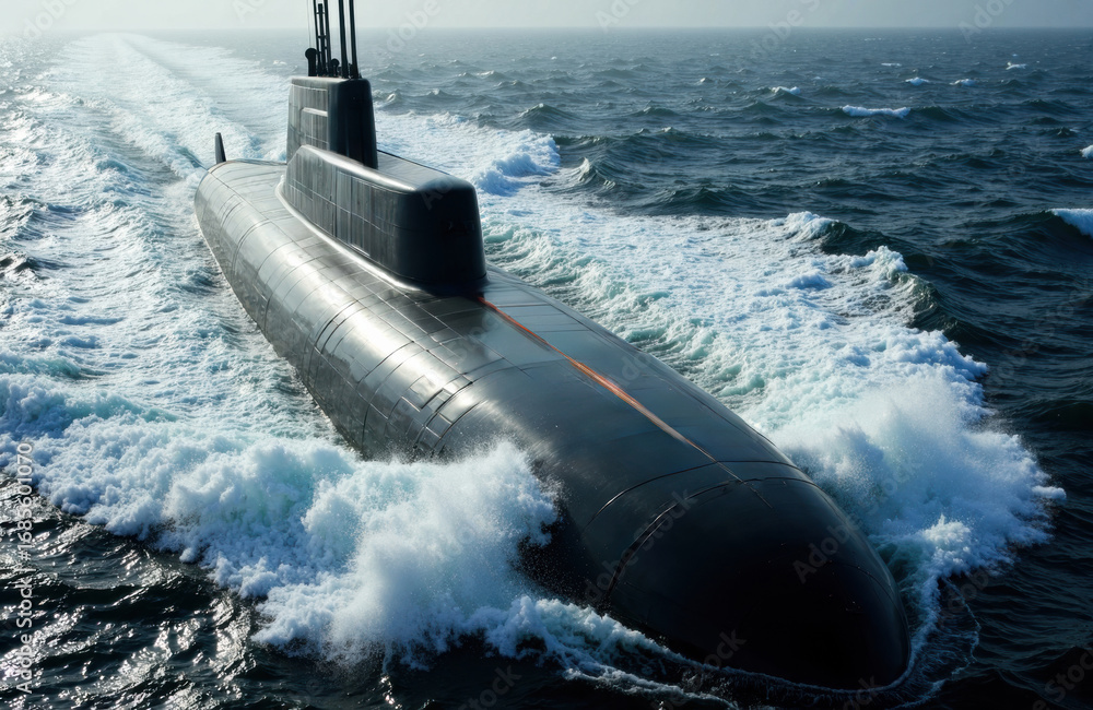 Poster a submarine moving through open ocean waters with waves and wake surrounding it