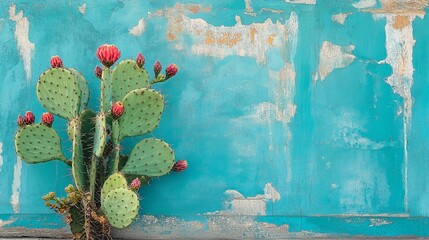 a green cactus on a blue painted wall
