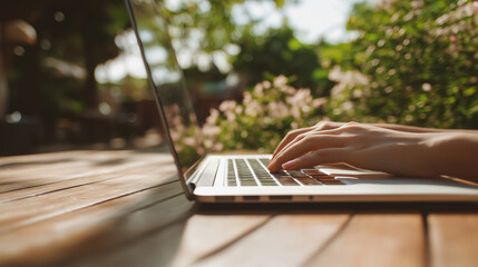 Working outdoors on a laptop during a sunny afternoon in a peaceful garden setting