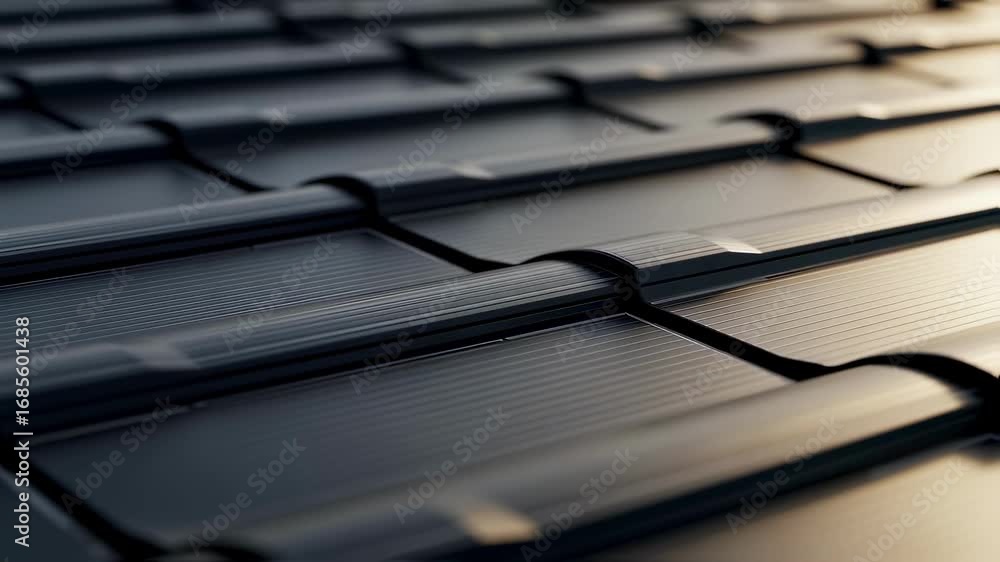 Poster macro view of interlocking solar shingles detailing texture and design that maximize sunlight absorp