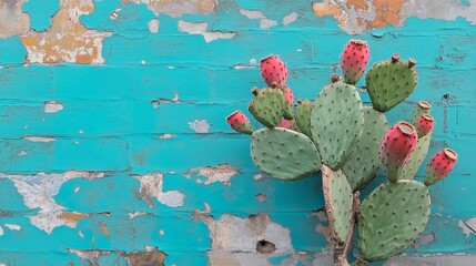 a green cactus on a blue painted wall