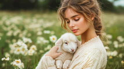 Young woman holding adorable white baby lamb gently in arms outdoor in flower field summer nature portrait