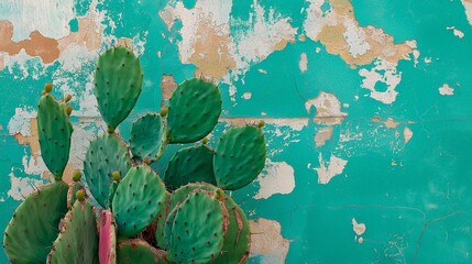 a green cactus on a blue painted wall