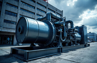 Industrial machinery installed outdoors with a cloudy sky background