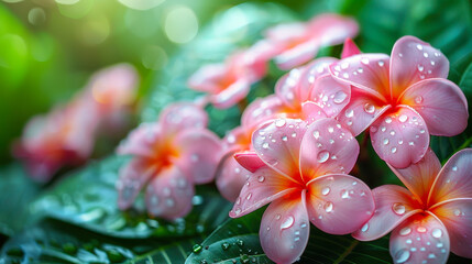 Frangipani Tropical Spa Flower Border with Dew Drops on Pink Plumeria Petals, Relaxing Zen Nature Image for Floral-Themed Designs