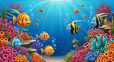 Colorful cartoon fish swimming in a vibrant coral reef underwater scene