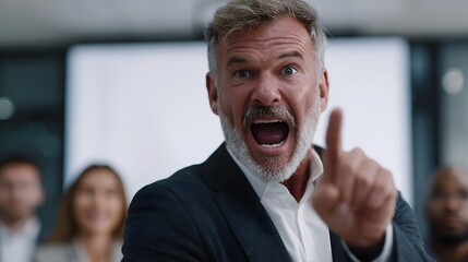Furious senior business manager aggressively points his finger while yelling during a corporate meeting or presentation conveying intense emotion
