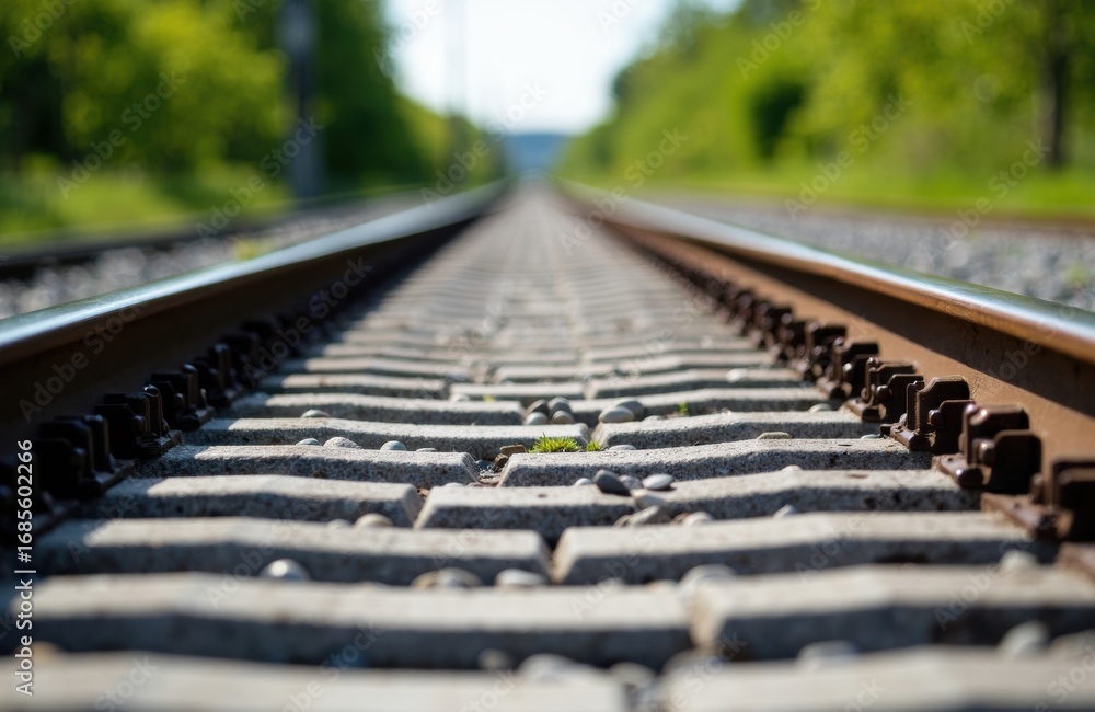 Poster close-up of railway tracks extending into the distance with greenery on both sides and a clear sky a