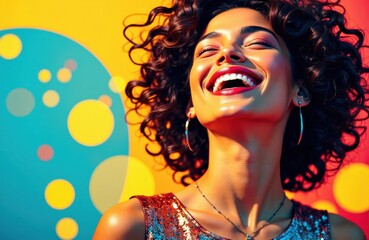 Woman with curly hair laughing against a colorful abstract background