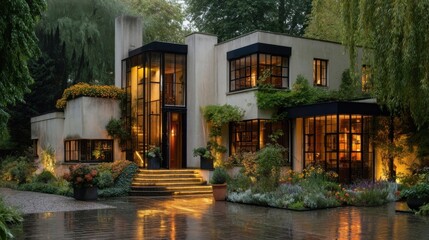 A modern house with large windows and a well lit pathway leading to the entrance,