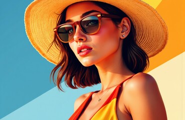 Woman wearing large sunhat and sunglasses enjoying sunny weather outdoors