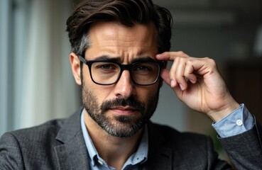 Obraz premium Man adjusting glasses with serious expression in professional attire
