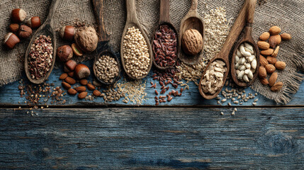 Assorted nuts, seeds, and grains displayed in wooden spoons on a rustic table with burlap, symbolizing natural nutrition and healthy eating.
