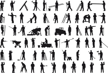 Silhouettes of Construction Workers Using Tools, Ladders, Machinery, and Equipment for Building, Repair, and Maintenance Vector Illustration