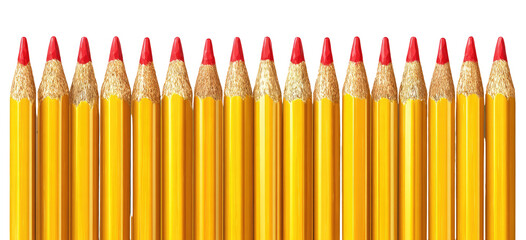 Row of sharpened yellow pencils with red tips
