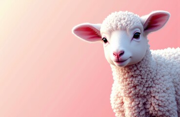 Naklejka premium A cute lamb with fluffy wool and gentle expression against a soft pink background