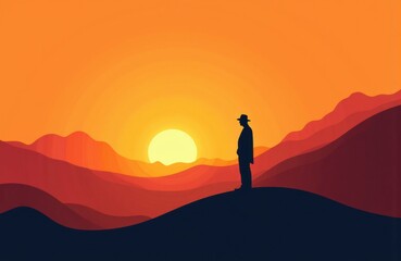 A silhouette of a person standing on a hill during a vibrant sunset with layered mountains in the background