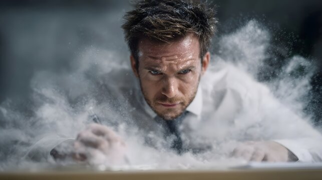 A determined businessman pushes through an intense dusty challenge his face showing extreme focus and effort in a moment of dramatic impact