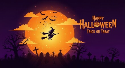 Happy halloween trick or treat with a witch flying in front of a full moon over a graveyard