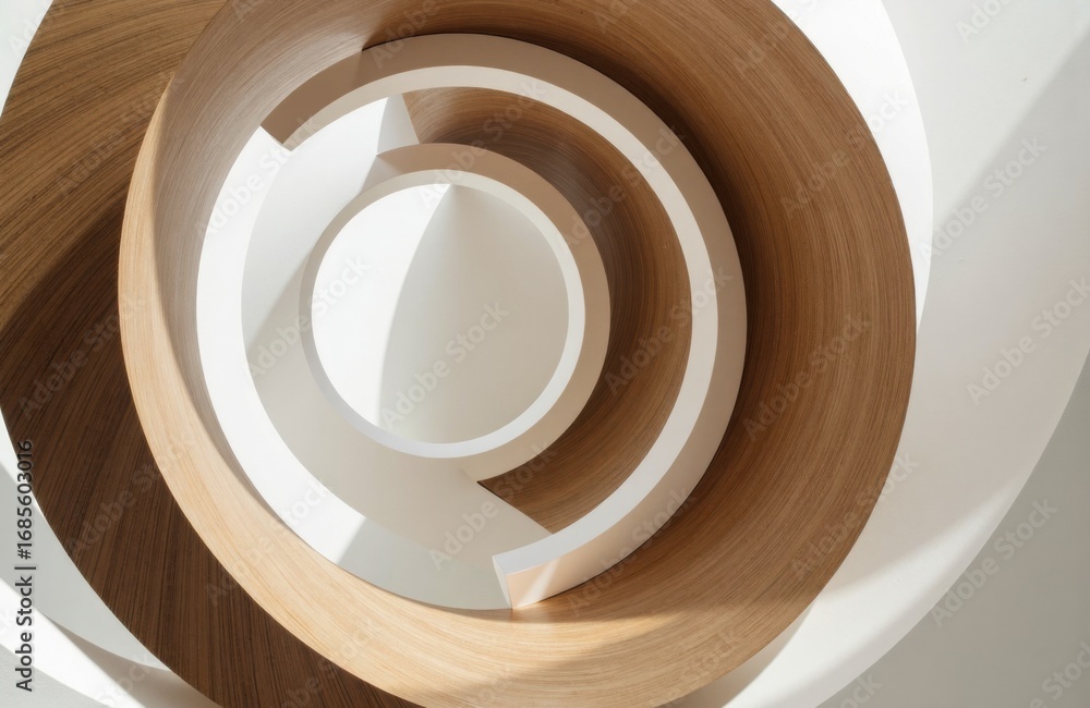 Poster a modern spiral staircase with wooden and white elements creating a geometric pattern