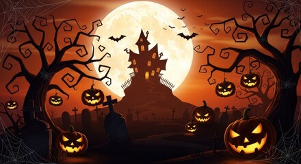 Spooky halloween night with a haunted castle, glowing jackolanterns, and bats flying under a full moon