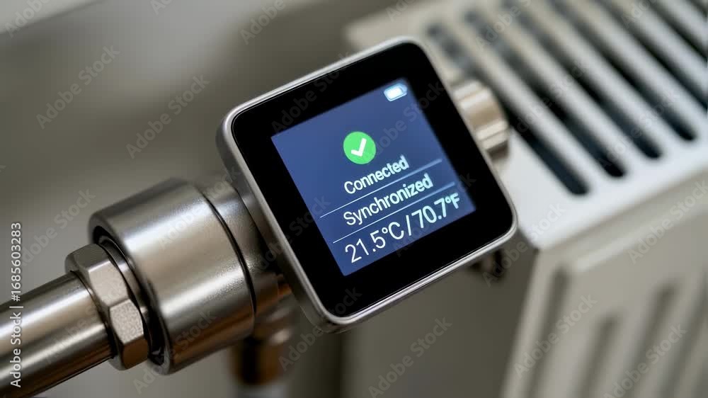Poster detailed view of thermostat radiator valve screen displaying successful connection and temperature s