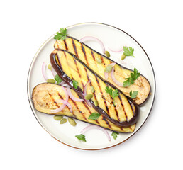 Slices of grilled eggplant, parsley, pumpkin seeds and onion isolated on white, top view