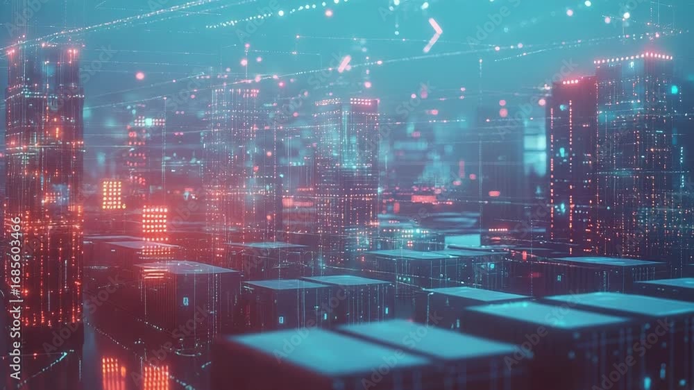 Aufkleber futuristic cityscape with interconnected data flow and shipping containers