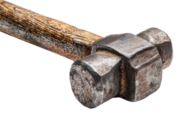 Close-up of an antique, rusty blacksmith's hammer head with wooden handle