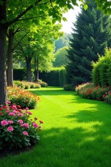 Obraz premium Serene garden landscape featuring lush green grass, vibrant flowers, and mature trees creating a peaceful outdoor oasis Perfect for relaxation and tranquility , foliage, bloom