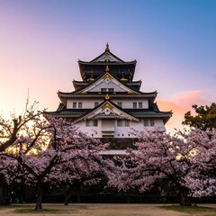 Obraz premium Beautiful Japanese castle at sunrise, surrounded by cherry blossoms