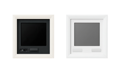 Two white-framed digital displays, one black, one gray,  suggesting temperature control or similar home automation