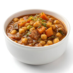 A thick and hearty chickpea stew with rich gravy, served in a bowl, isolated on white background,