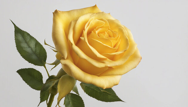 Single yellow rose centered on a minimalist white surface | Bright yellow rose in full bloom against a plain white background. Generative AI