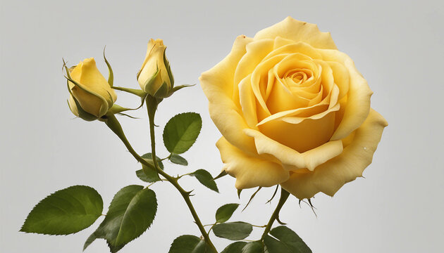 Single yellow rose centered on a minimalist white surface | Bright yellow rose in full bloom against a plain white background. Generative AI