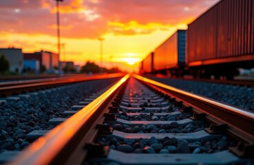 Obraz premium A freight train moves along railway tracks at sunset with a vibrant orange sky in the background