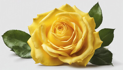 Fototapeta premium Single yellow rose centered on a minimalist white surface | Bright yellow rose in full bloom against a plain white background. Generative AI