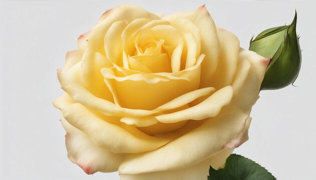 Single yellow rose centered on a minimalist white surface | Bright yellow rose in full bloom against a plain white background. Generative AI