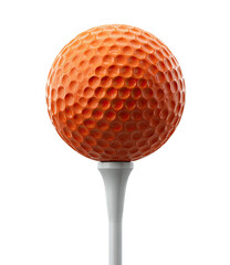 Close-up of an orange golf ball atop a white golf tee