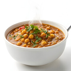 A thick and hearty chickpea stew with rich gravy, served in a bowl, isolated on white background,
