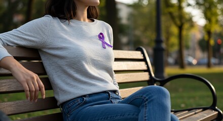A person wearing jeans and a gray sweater with a purple ribbon sits on a park bench