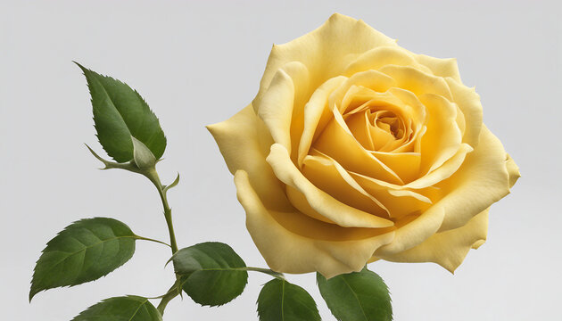 Single yellow rose centered on a minimalist white surface | Bright yellow rose in full bloom against a plain white background. Generative AI