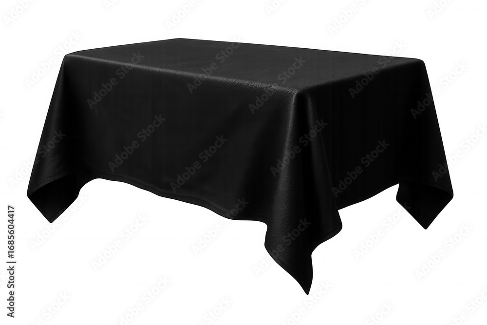 Poster rectangular table draped in black tablecloth against a transparent background, perfect for product d