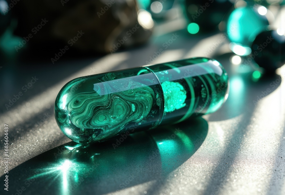 Poster a glowing green capsule-shaped object with intricate patterns reflecting light on a surface