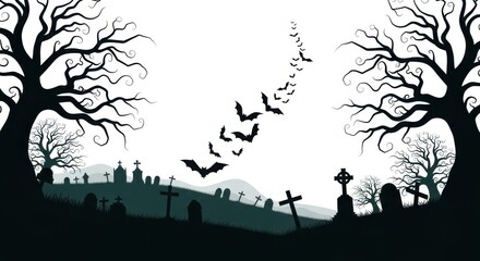 Silhouette of spooky trees and graveyard with bats flying across a white background