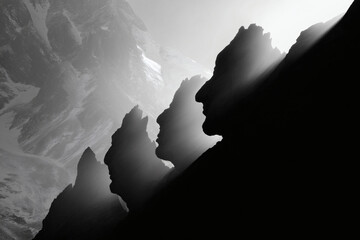 Black and White Silhouette of Mountain Landscape with Faces in Rocks - Dramatic Nature Photography